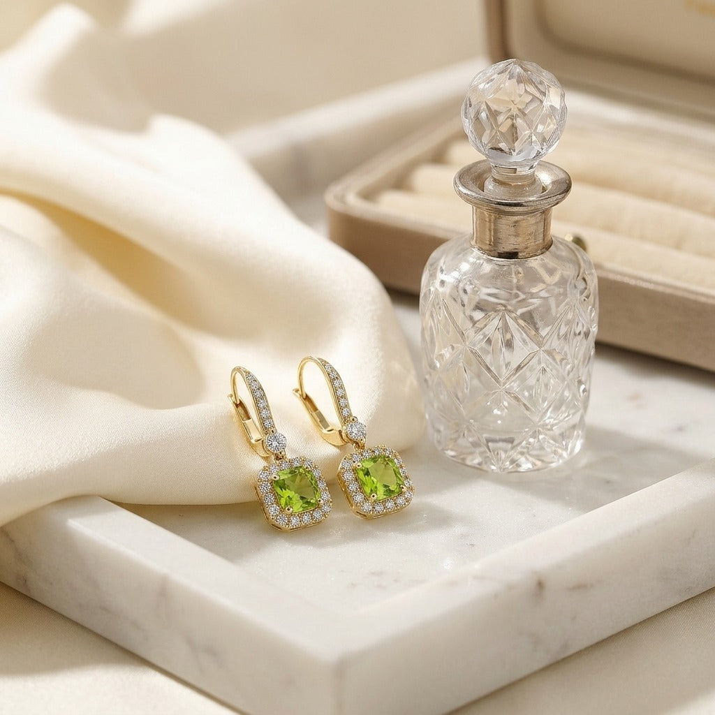 Peridot & Diamond Cushion Dangle Earrings with Pave Tops in 14K Yellow Gold - editorial
