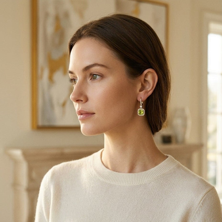 Peridot & Diamond Cushion Dangle Earrings with Pave Tops in 14K Yellow Gold - lifestyle