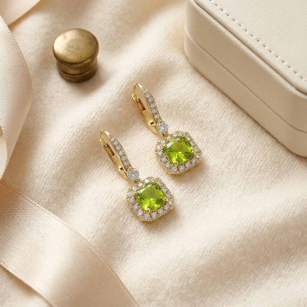 Peridot & Diamond Cushion Dangle Earrings with Pave Tops in 14K Yellow Gold - flat lay