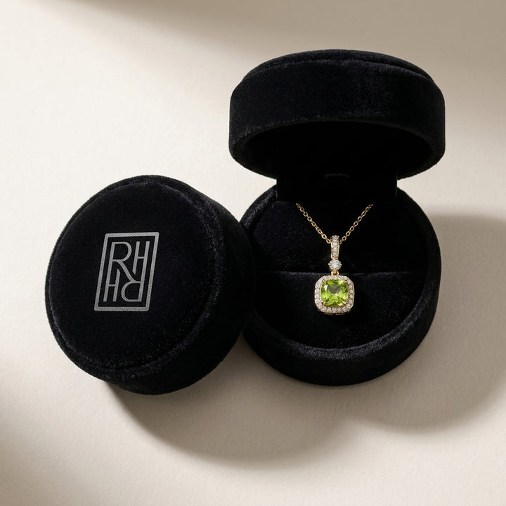 Peridot & Diamond Cushion Dangle Earrings with Pave Tops in 14K Yellow Gold - presentation