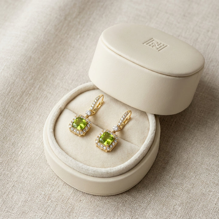 Peridot And Diamond Cushion Dangle Earrings With Pave Tops In 14k Yellow Gold (6mm), in navy velvet jewelry box