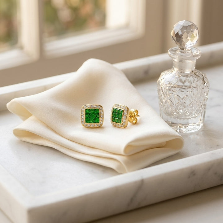 Tsavorite & Diamond Square Invisible-Cut Stud Earrings in 14K Yellow Gold - editorial