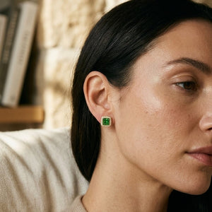 Tsavorite & Diamond Square Invisible-Cut Stud Earrings in 14K Yellow Gold - lifestyle