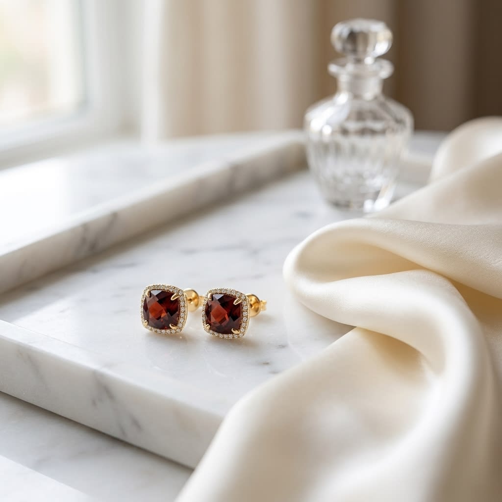 Garnet Cushion Stud Earrings in 14K Yellow Gold, on marble vanity tray with silk