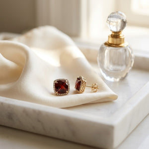 Garnet Cushion & Pave Diamond Earrings in 14K Yellow Gold - lifestyle