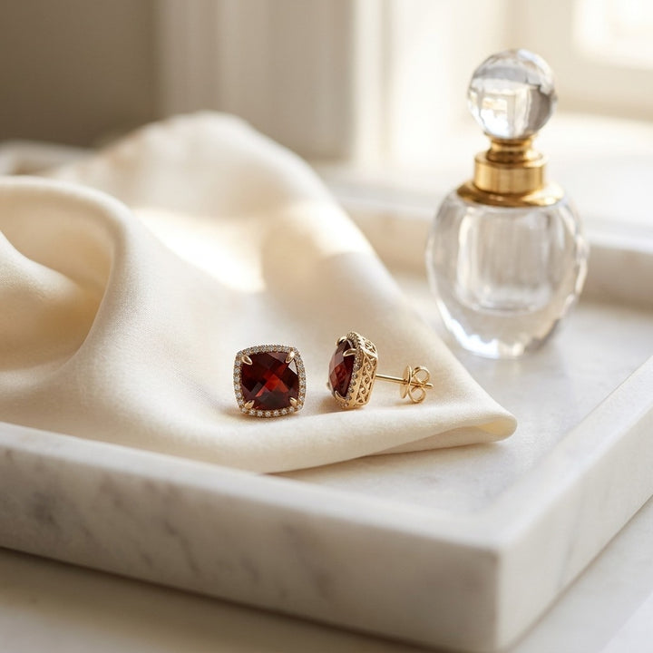 Garnet Cushion & Pave Diamond Earrings in 14K Yellow Gold - lifestyle