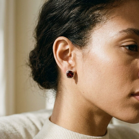 Garnet Cushion & Pave Diamond Earrings in 14K Yellow Gold - editorial