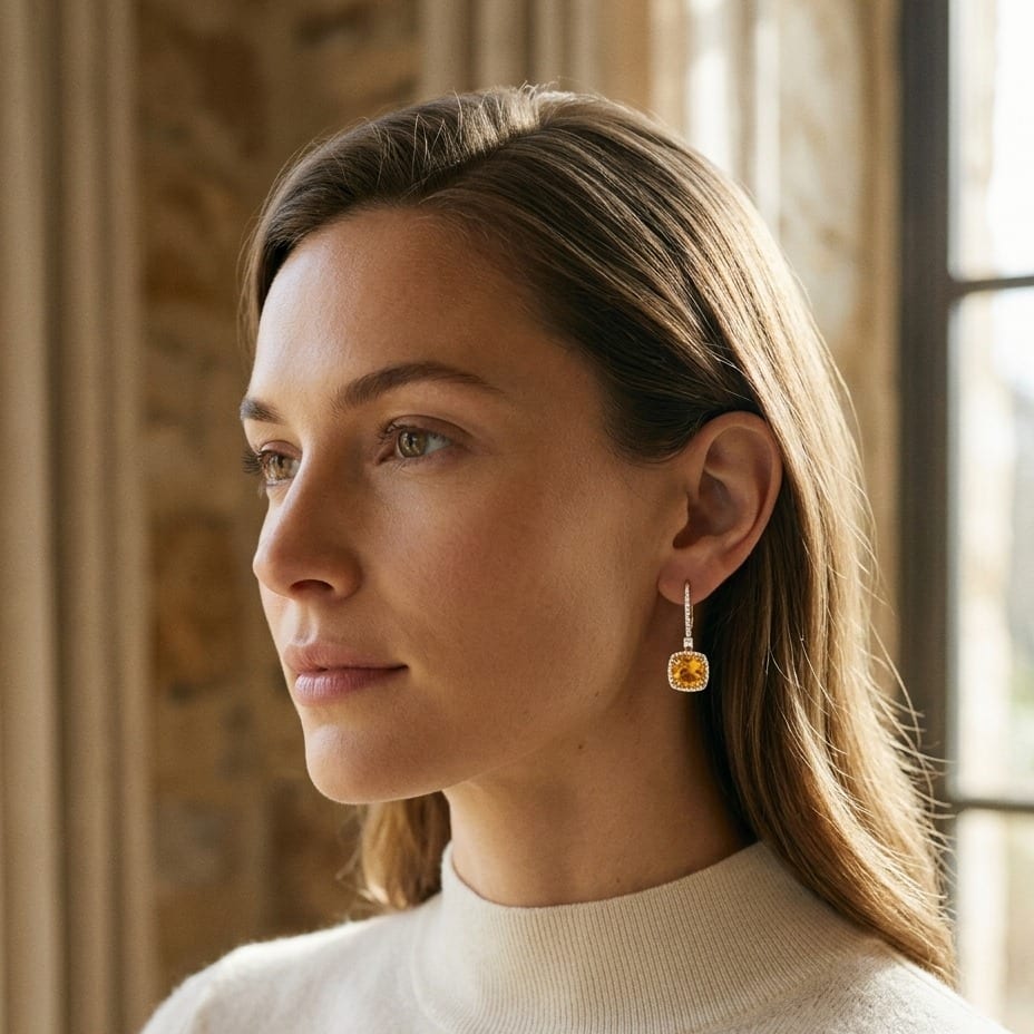 Citrine & Diamond Halo Cushion Dangle Earrings 1/4ctw in 14K Yellow Gold - editorial