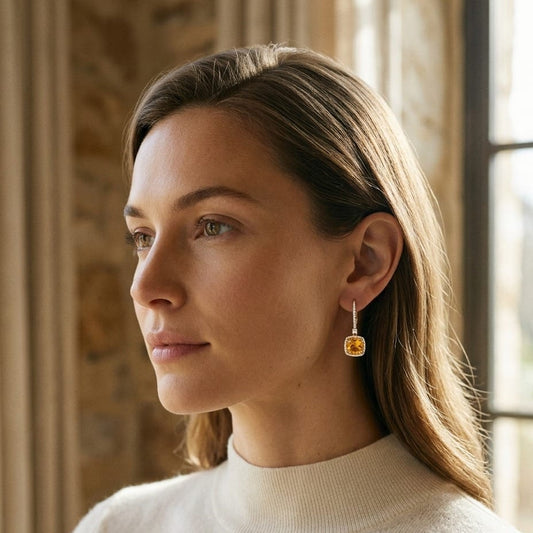 Citrine & Diamond Halo Cushion Dangle Earrings 1/4ctw in 14K Yellow Gold - editorial