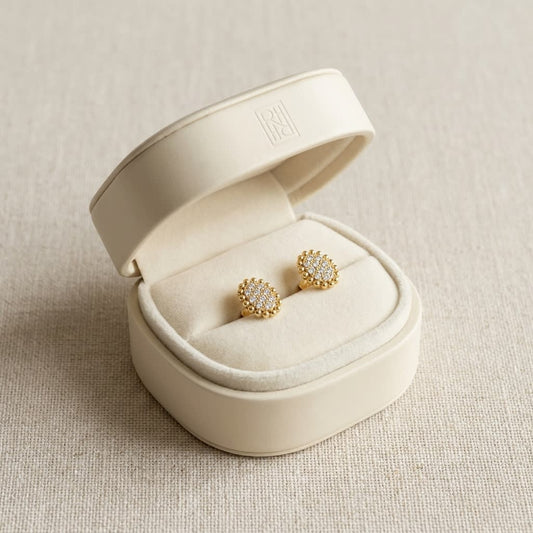 Natural Diamond Oval Stud Earrings in 14K Yellow Gold, in navy velvet jewelry box