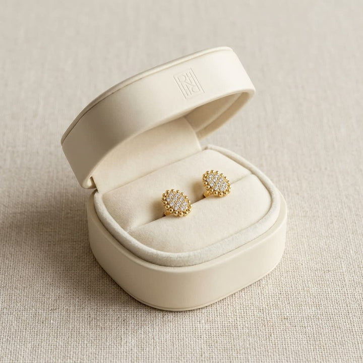 Natural Diamond Oval Stud Earrings in 14K Yellow Gold, in navy velvet jewelry box
