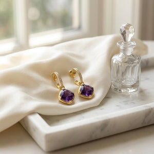 Amethyst Cushion Bezel Dangle Earrings with Pave Diamond Tops in 14K Yellow Gold - lifestyle