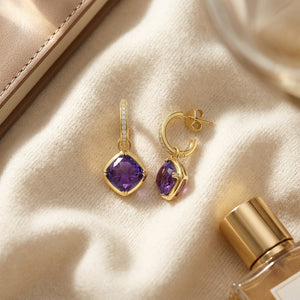 Amethyst Cushion Bezel Dangle Earrings with Pave Diamond Tops in 14K Yellow Gold - flat lay