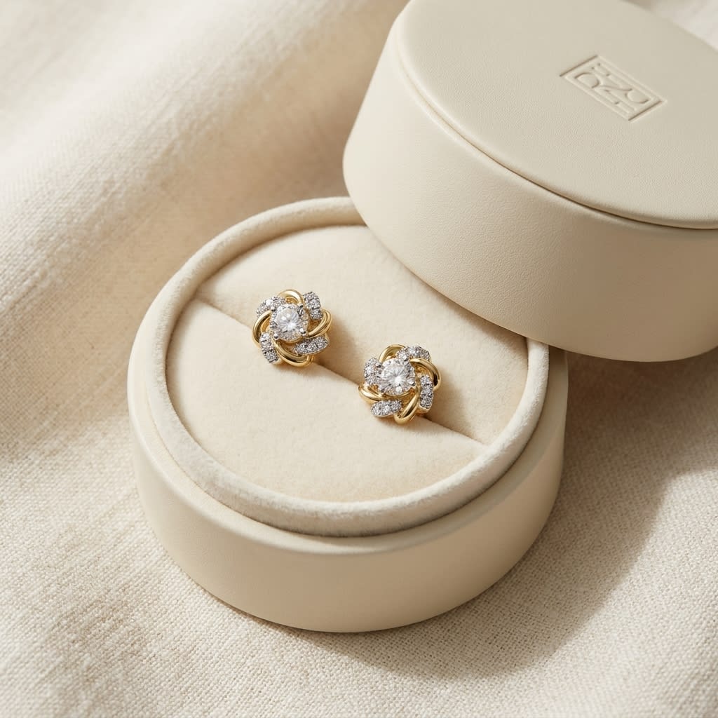 Natural Diamond Round Brilliant Stud Earrings in 14K Yellow Gold, in navy velvet jewelry box