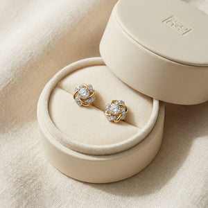 Natural Diamond Round Brilliant Stud Earrings in 14K Yellow Gold, in navy velvet jewelry box