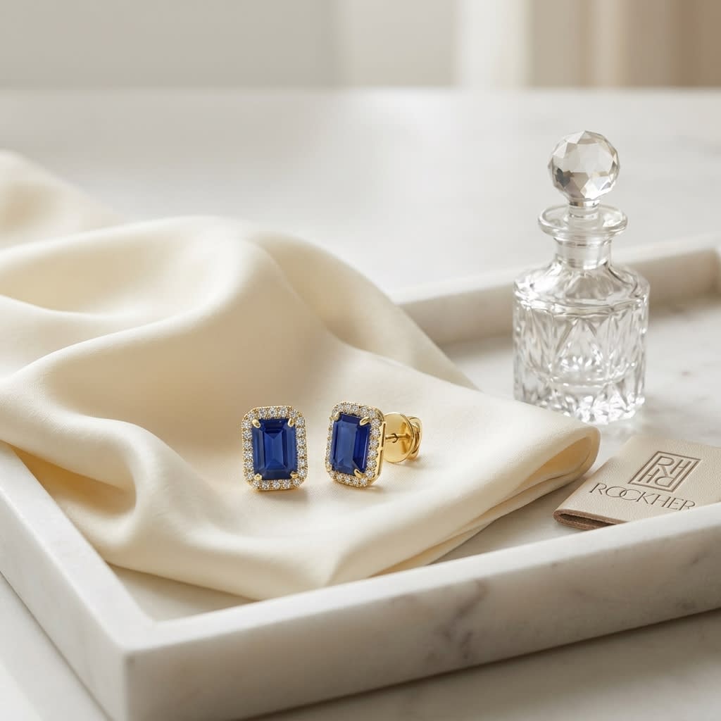 Sapphire and Diamond Halo Earrings in 14K Yellow Gold, 0.22ct, on marble vanity tray with silk