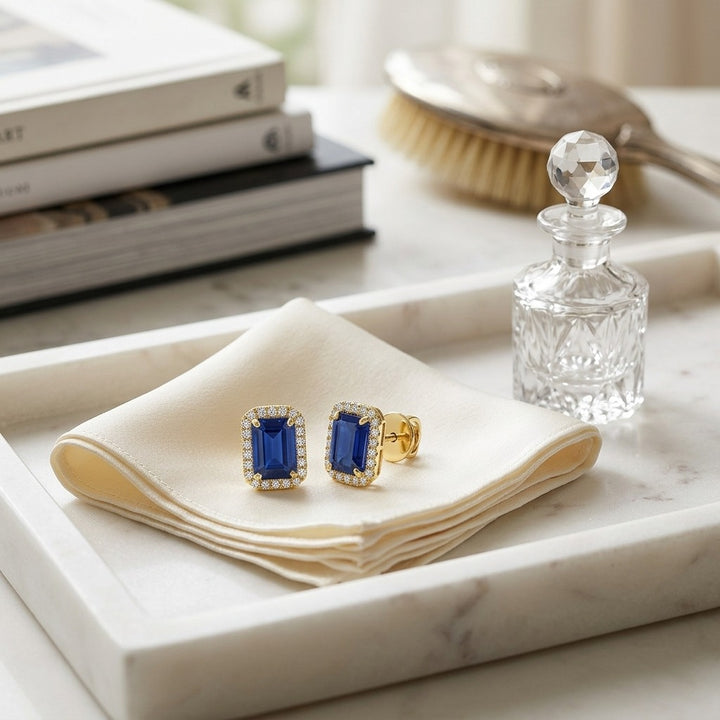 Sapphire & Diamond Octagon Halo Earring 0.22ctw in 14K Yellow Gold - editorial