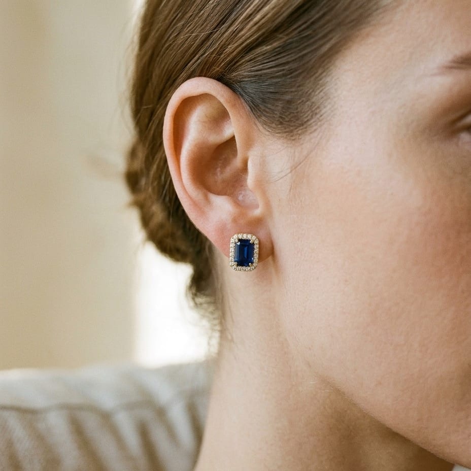 Sapphire & Diamond Octagon Halo Earring 0.22ctw in 14K Yellow Gold - lifestyle