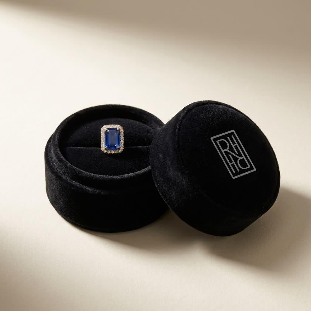 Sapphire and Diamond Halo Earrings in 14K Yellow Gold, 0.22ct, in navy velvet jewelry box