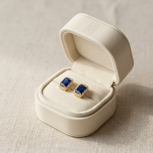 Sapphire Octagon Stud Earrings in 14K Yellow Gold, in navy velvet jewelry box