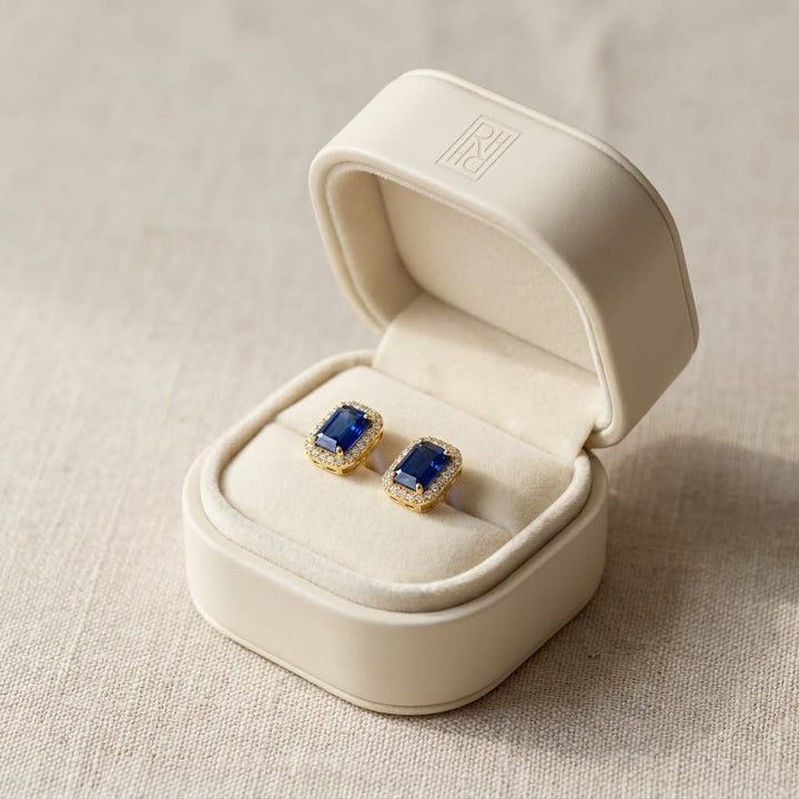 Sapphire Octagon Stud Earrings in 14K Yellow Gold, in navy velvet jewelry box