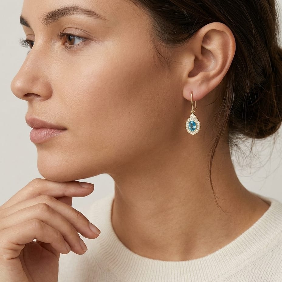 Blue Topaz & Diamond Oval Bezel Leverback Earrings with Teardrop Scallop Frame 1/2ctw in 14K Yellow Gold - lifestyle
