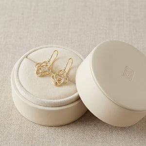 Diamond Open Clover Dangle Earrings With Twine Design And French Wire Backs in 14K Yellow Gold, in navy velvet jewelry box