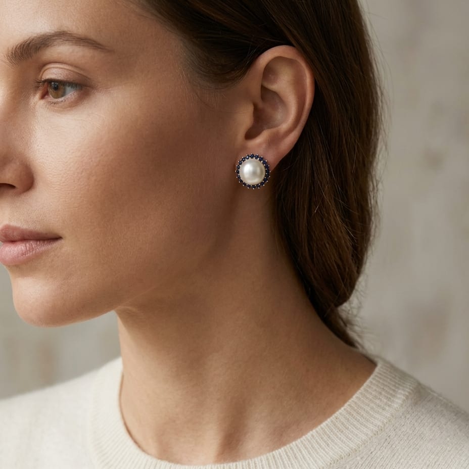 Cultured Pearl & Sapphire Halo Stud Earrings in 14K Yellow Gold - editorial