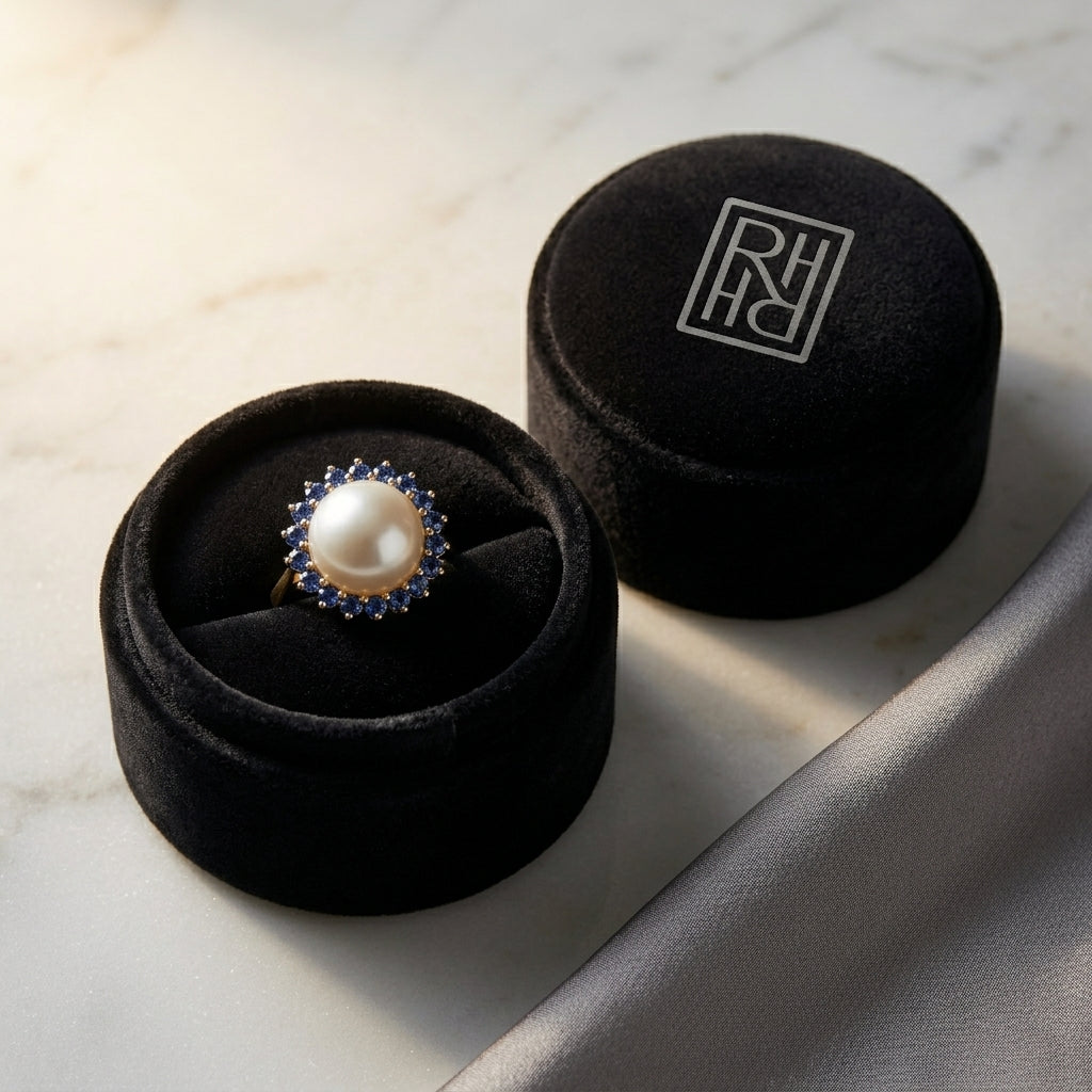 Cultured Pearl & Sapphire Halo Stud Earrings in 14K Yellow Gold - presentation