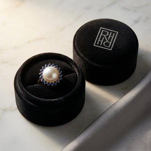 Cultured Pearl & Sapphire Halo Stud Earrings in 14K Yellow Gold - presentation
