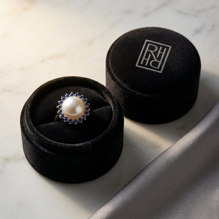 Cultured Pearl & Sapphire Halo Stud Earrings in 14K Yellow Gold - presentation
