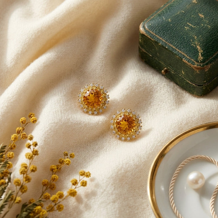 Citrine Yellow Sapphire & Diamond Burst Circle Earrings 1/5ctw in 14K Yellow Gold - flat lay