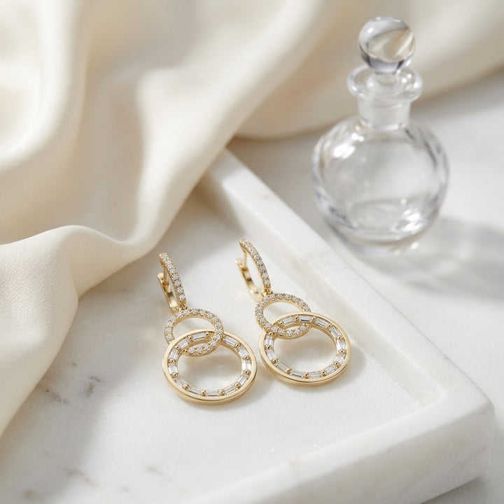 Diamond Baguette & Round Interlocking Circles Dangle Earrings 9/10ctw in 14K Yellow Gold - lifestyle