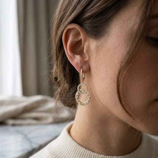 Diamond Baguette & Round Interlocking Circles Dangle Earrings 9/10ctw in 14K Yellow Gold - editorial