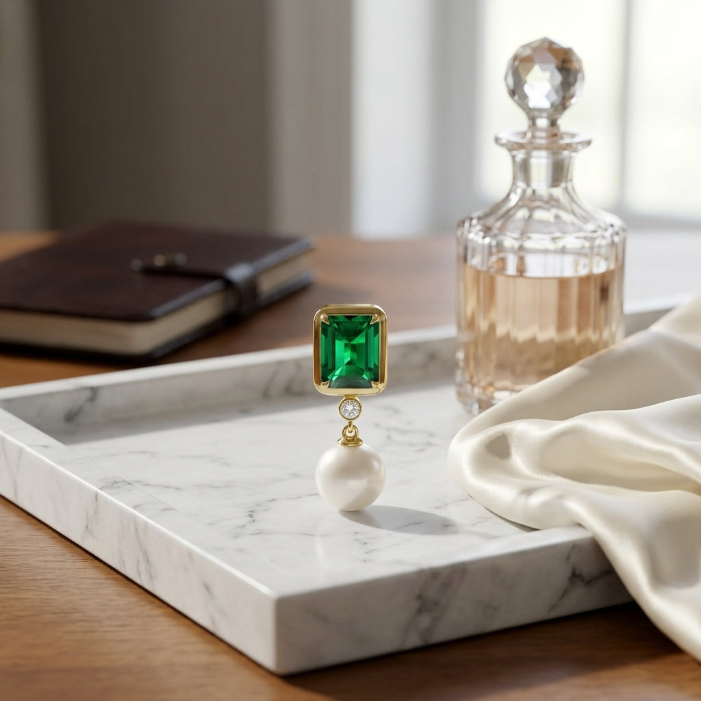 Freshwater Pearl Created Emerald & Diamond Earring in 14K Yellow Gold - editorial