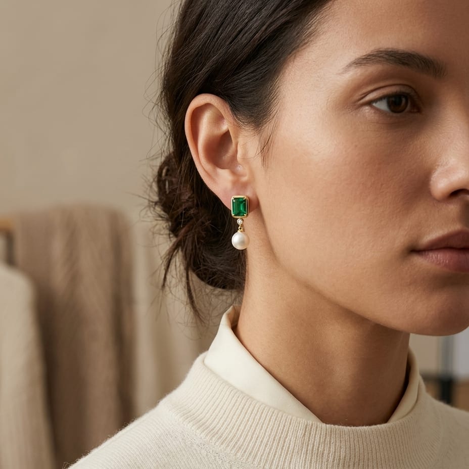 Freshwater Pearl Created Emerald & Diamond Earring in 14K Yellow Gold - lifestyle
