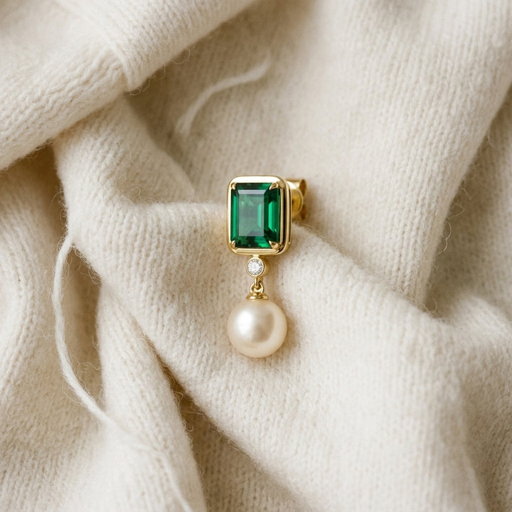 Freshwater Pearl Created Emerald & Diamond Earring in 14K Yellow Gold - flat lay