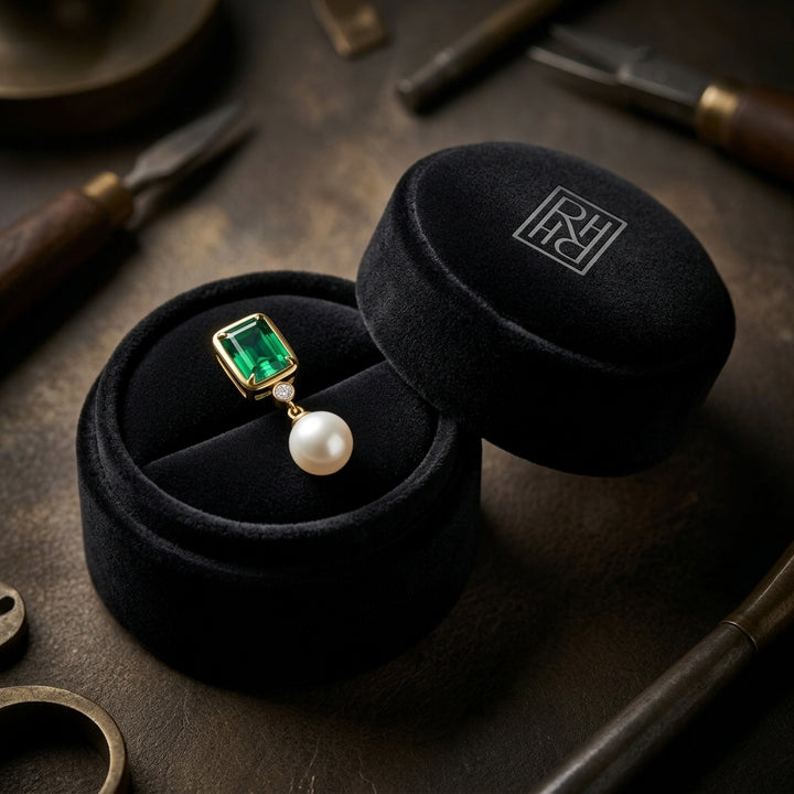 Freshwater Pearl Created Emerald & Diamond Earring in 14K Yellow Gold - presentation