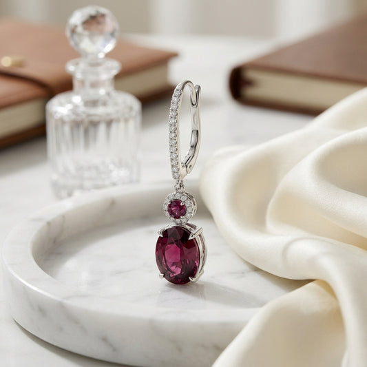 Rhodolite Garnet & Diamond Dangle Earrings 1/8ctw in 14K Yellow Gold - editorial