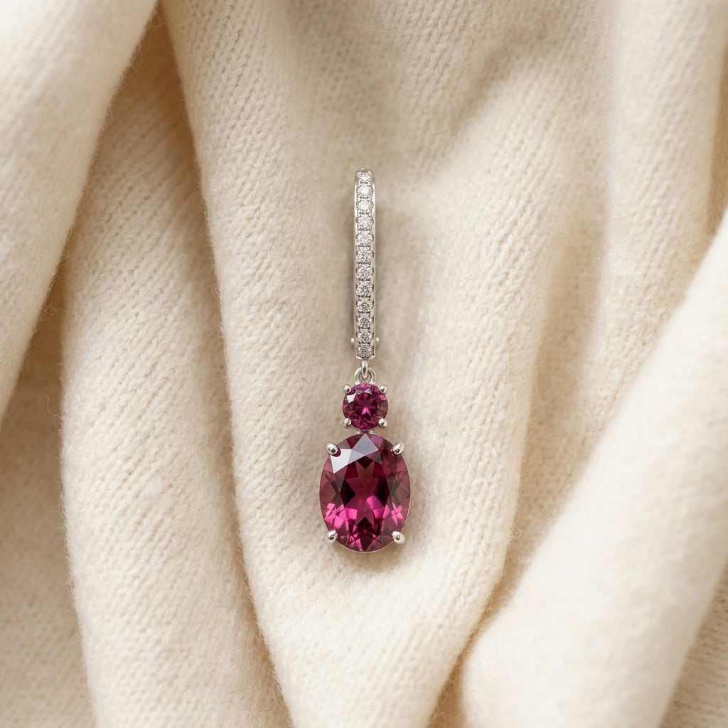 Rhodolite Garnet & Diamond Dangle Earrings 1/8ctw in 14K Yellow Gold - flat lay