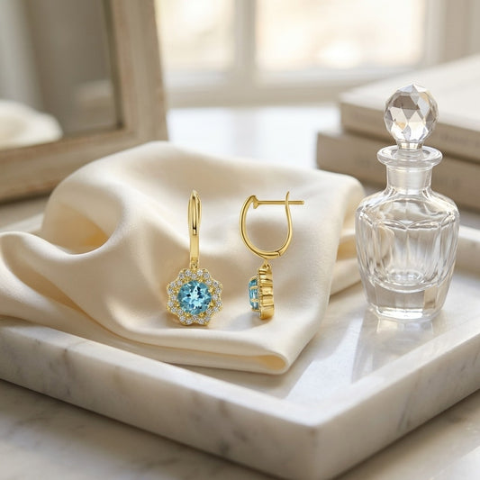 Blue Topaz & Diamond Round Brilliant Earrings in 14K Yellow Gold - editorial