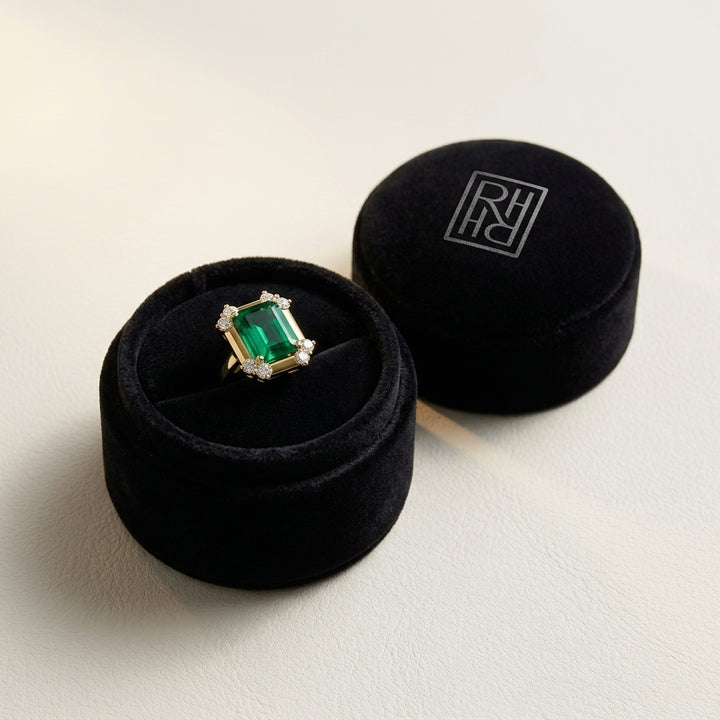 Created Emerald & Diamond Corner Earrings 1/4ctw in 14K Yellow Gold - presentation