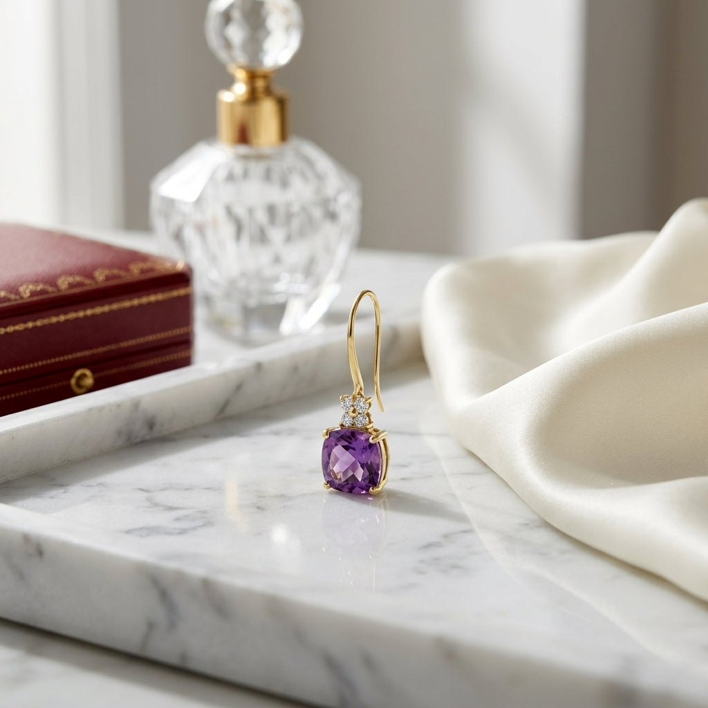 Cushion Amethyst & Diamond Leverback Earrings 1/6ctw in 14K Yellow Gold - editorial