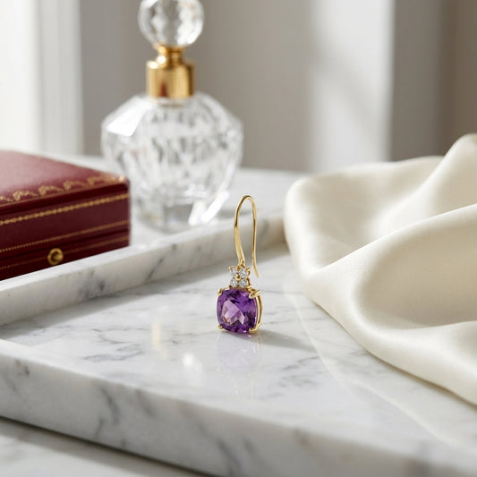 Cushion Amethyst & Diamond Leverback Earrings 1/6ctw in 14K Yellow Gold - editorial