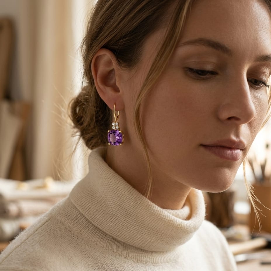 Cushion Amethyst & Diamond Leverback Earrings 1/6ctw in 14K Yellow Gold - lifestyle