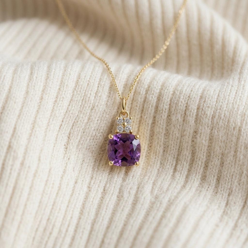 Cushion Amethyst & Diamond Leverback Earrings 1/6ctw in 14K Yellow Gold - flat lay