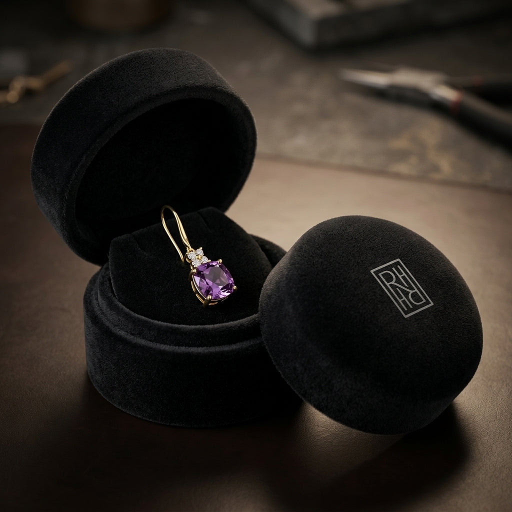 Cushion Amethyst & Diamond Leverback Earrings 1/6ctw in 14K Yellow Gold - presentation