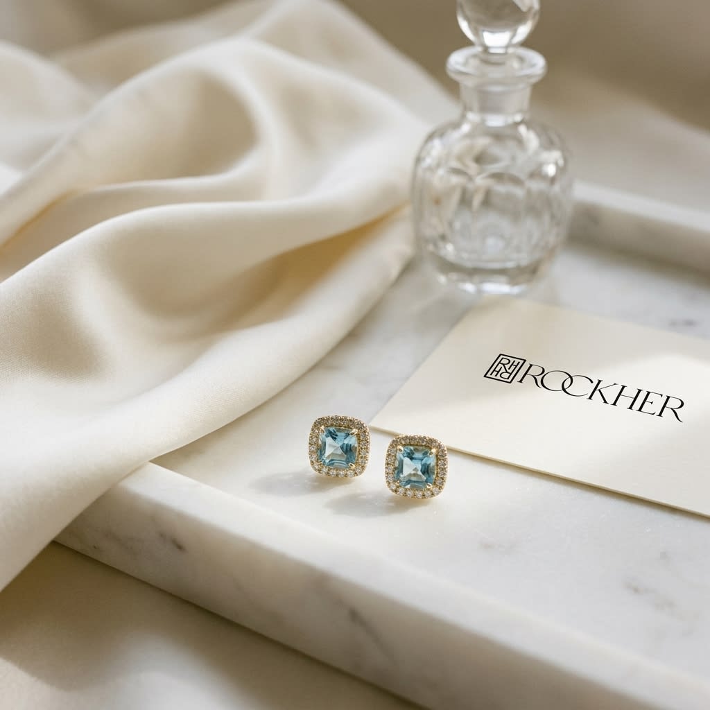 Swiss Blue Topaz and Diamond Earrings in 14K Yellow Gold, 0.20ct, on marble vanity tray with silk