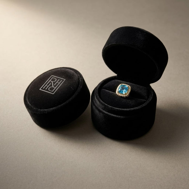 Swiss Blue Topaz and Diamond Earrings in 14K Yellow Gold, 0.20ct, in navy velvet jewelry box