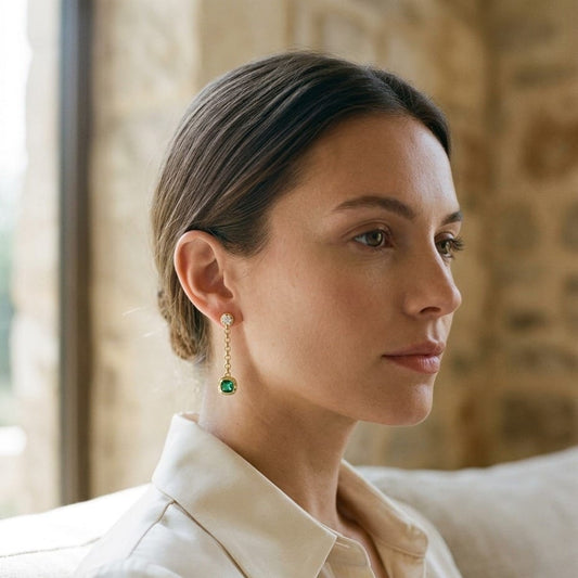 Created Emerald 1.10ctw & Diamond 1/5ctw Chain Drop Earring in 14K Yellow Gold - editorial